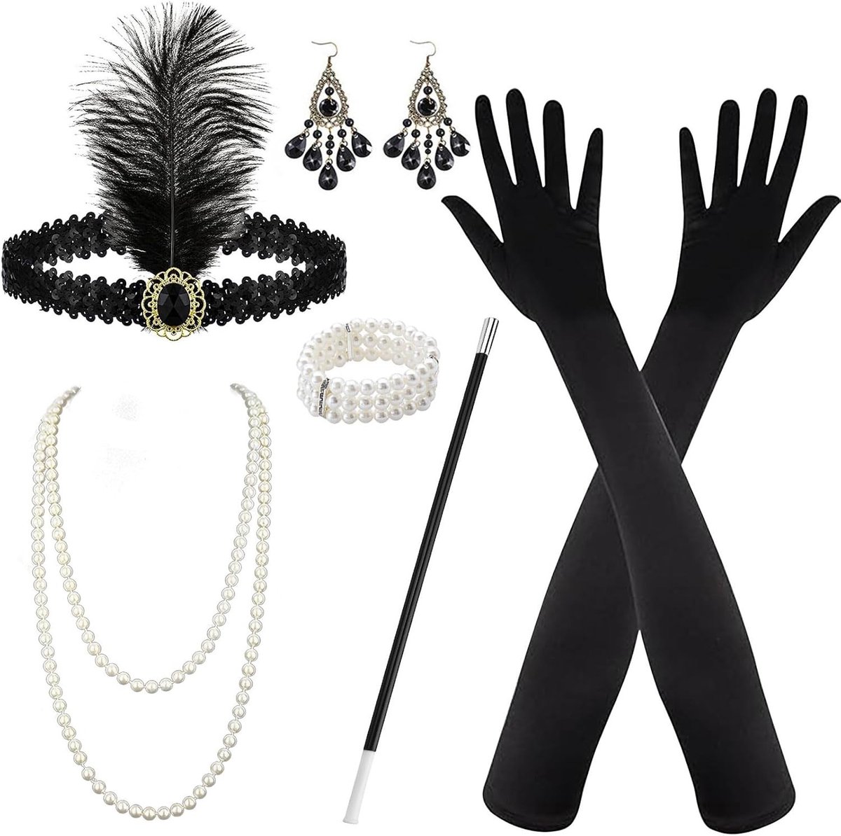 6-delige jaren '20 accessoires set voor vrouwen, kostuum voor Halloween en kerst, inclusief haarband, handschoenen en oorbellen