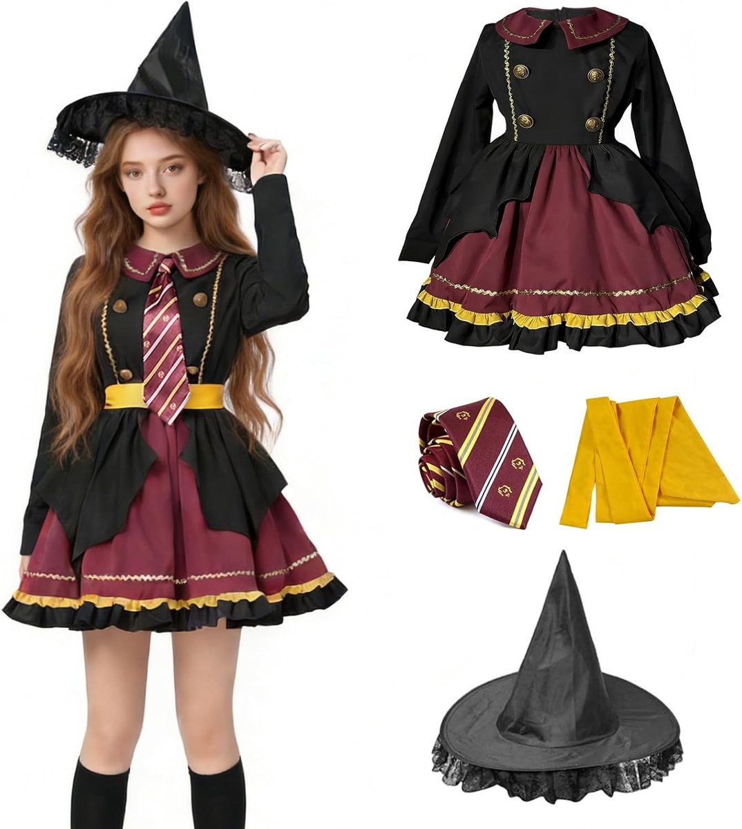 Betoverend Cosplay Kostuum voor Meisjes en Vrouwen, 4-delig Tovernaar Outfit Set met Lolita Jurk, Stropdas en Ceintuur voor Feestjes en Evenementen