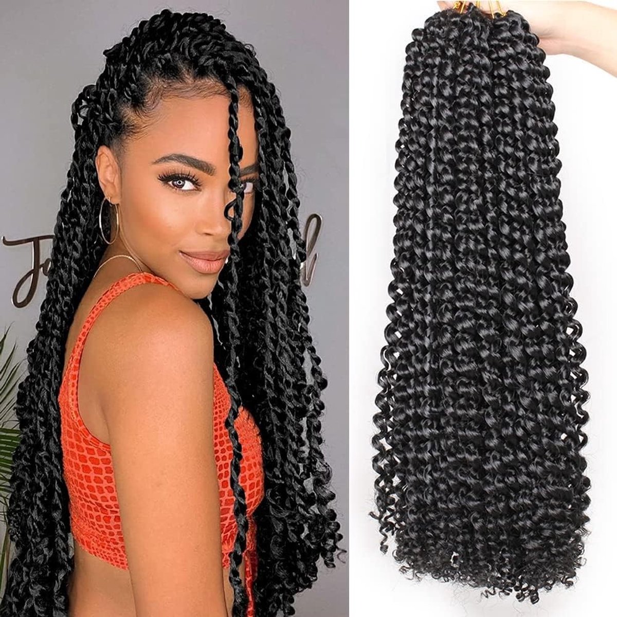 24 Inch Zwarte Passion Twist Haar - 7 Pakketten met 18 Strengen/Pack - Water Wave Bohemian Crochet Vlechten voor Butterfly Locs - Lang Synthetisch Vlecht Haar Extensions