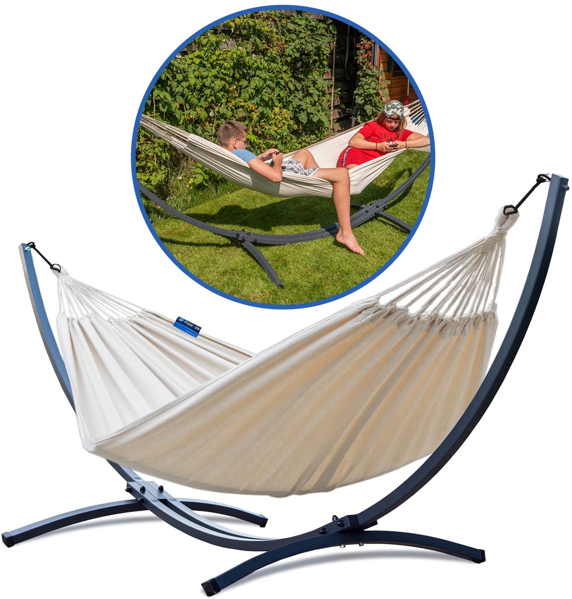 Famanu – Hangmat met standaard voor 2 personen, stabiel metalen frame tot 220 kg, hangmatset in grafiet met crème hangmat
