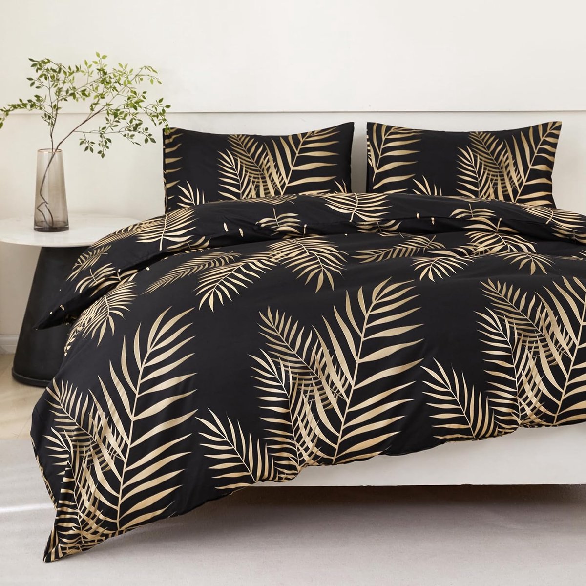 Jemiipee beddengoed, 135 x 200 cm, 4-delig, zwart goud, beddengoedset met tropisch bladmotief, dekbedovertrek 135 x - ShopVlot