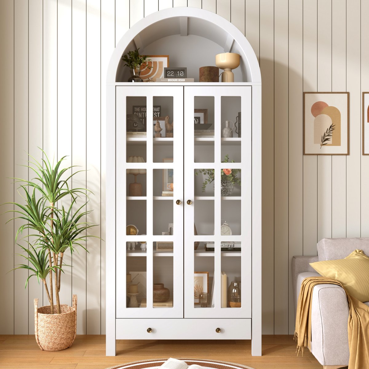 FloraGrace Vitrinekast - Bogenvormig Design Met Lade En Verstelbare Planken - Voor Woonkamer En Werkkamer - MDF - Wit - 75x35x170,5 Cm