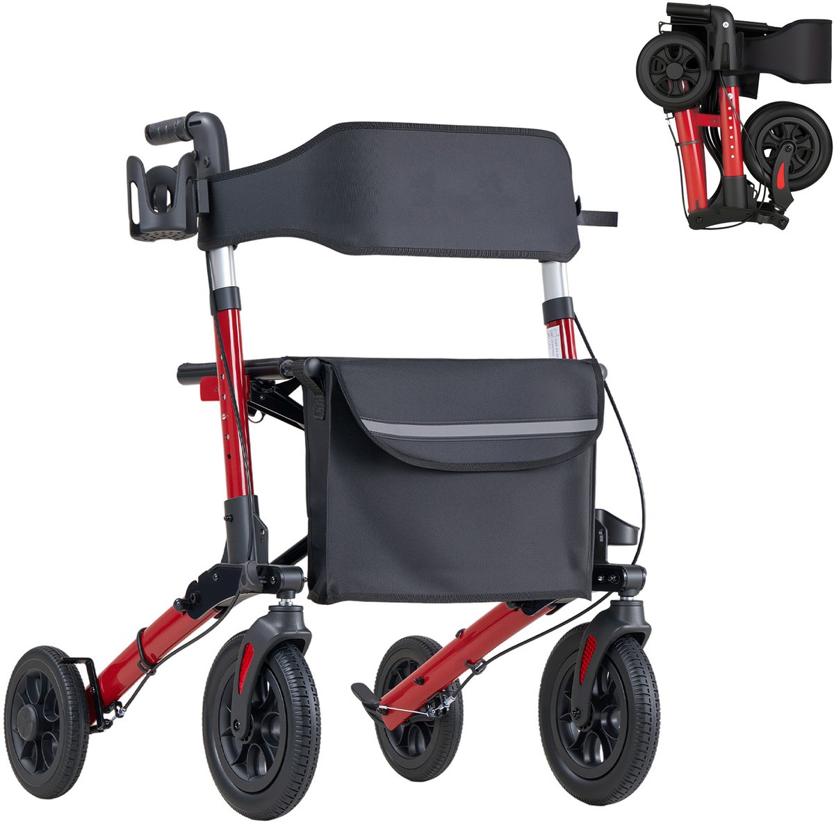 3-Weg Opvouwbare Rollator met Zitje, Lichtgewicht 4-Wielige Loophulp, Draagvermogen Tot 136 Kg, Voorzien van Rugleuning, Opbergtas, Stokhouder en in Hoogte Verstelbare Handgrepen met Vergrendelingsfunctie, Rood