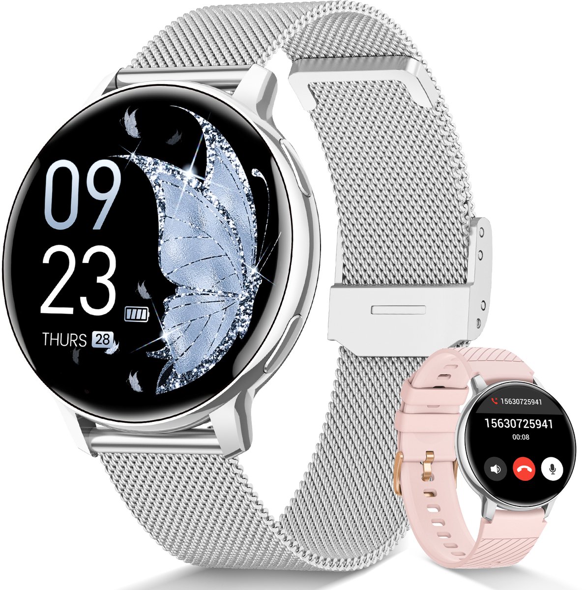 FOSMET AMOLED Smartwatch Dames 2026 - Horloge Dames - Zinklegering Behuizing en 2x Siliconen & RVS Bandje - Fitnesstracker Horloge met Belfunctie - Hartslagmeter, SpO2, Bloeddruk & Slaapmonitor - Cyclus Tracking - Geschikt voor Android & iOS - Zilver