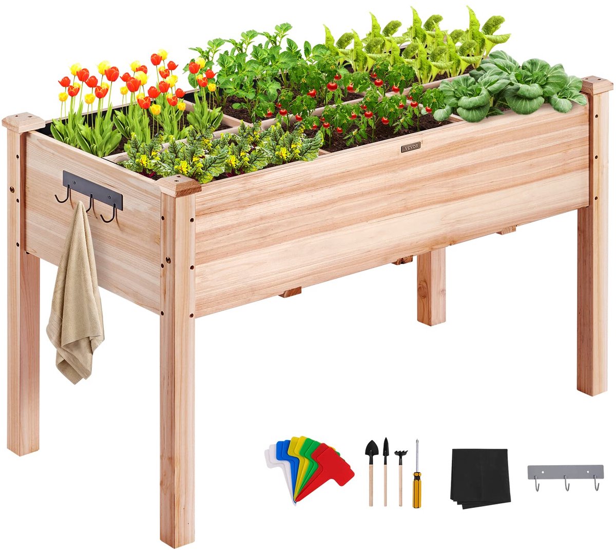 Famanu – Verhoogd tuinbed 48x24x30 inch met stevige poten, hoogwaardige natuurlijke dennenhouten plantenbak voor achtertuin, tuin, terras en balkon, met niet-geweven voering