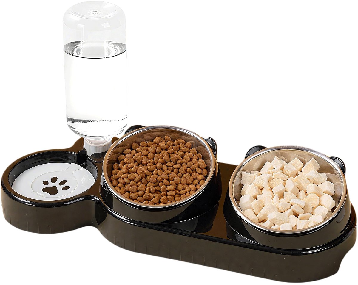 Famanu – 3-in-1 kattenvoer- en waterbakset, gekantelde roestvrijstalen kommen met standaard, dubbele voerbak met waterdispenser, zwart