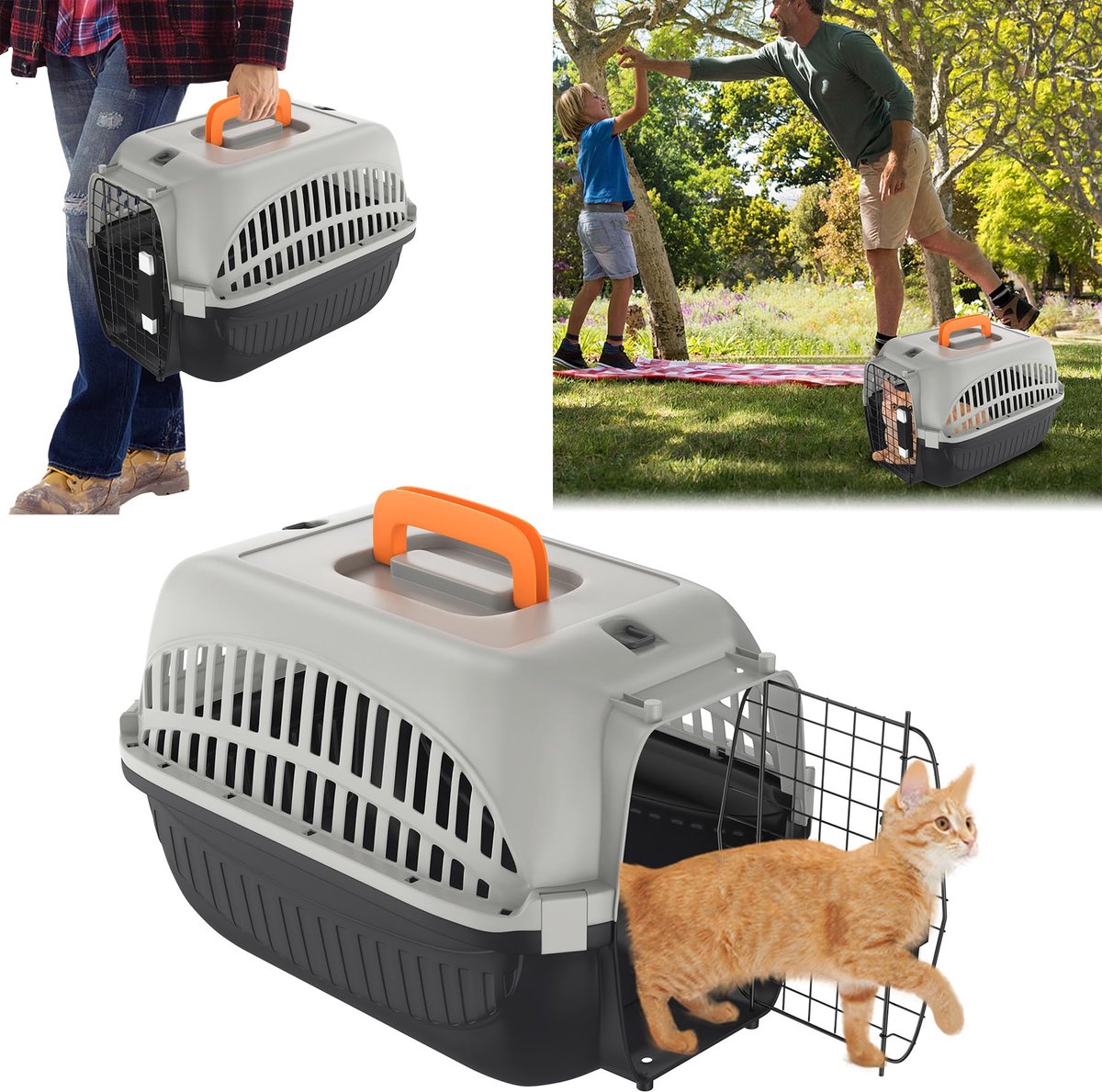 Famanu – Huisdier Transportbox, zwart en grijs, kattentransportbox met metalen deur, transportbox hond van PP-kunststof, autotransportdozen voor honden, hondentransportbox