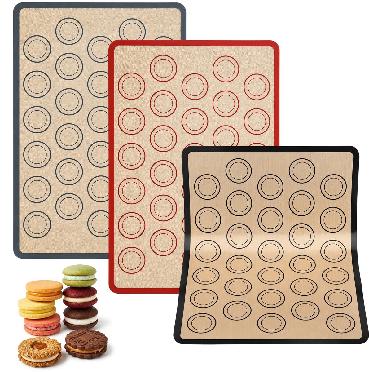 Famanu – Set van 3 siliconen bakmatten voor macarons, 42 x 29,5 cm, met geleidingsringen, BPA-vrij en antislip