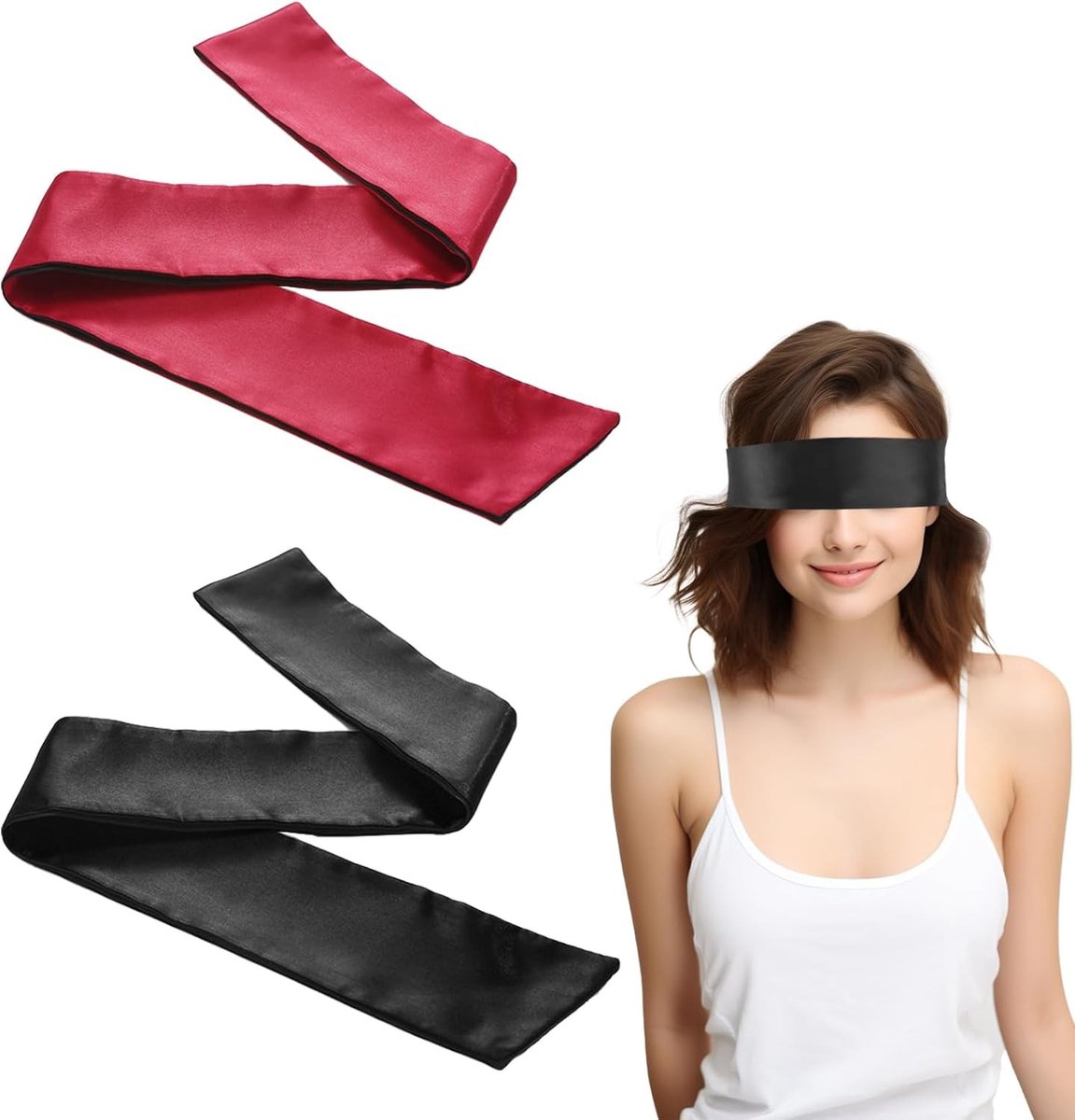 Verstelbare Satijnen Oogmasker voor Volwassenen, Sexy Slaapmasker voor Stellen, Perfect voor Reizen, Spellen en Valentijnsdag, 2 Stuks in Wijnrood en Zwart