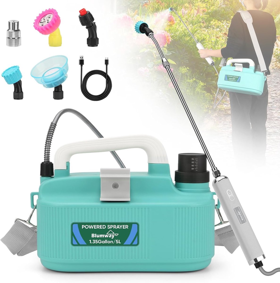 Krachtige Elektrische Tuinspuiter met 5 Verstuivers, Oplaadbare Handgreep en Verstelbare Schouderriem voor Tuin en Gazon, 1.35 Gallon Capaciteit, 4000 mAh Batterij