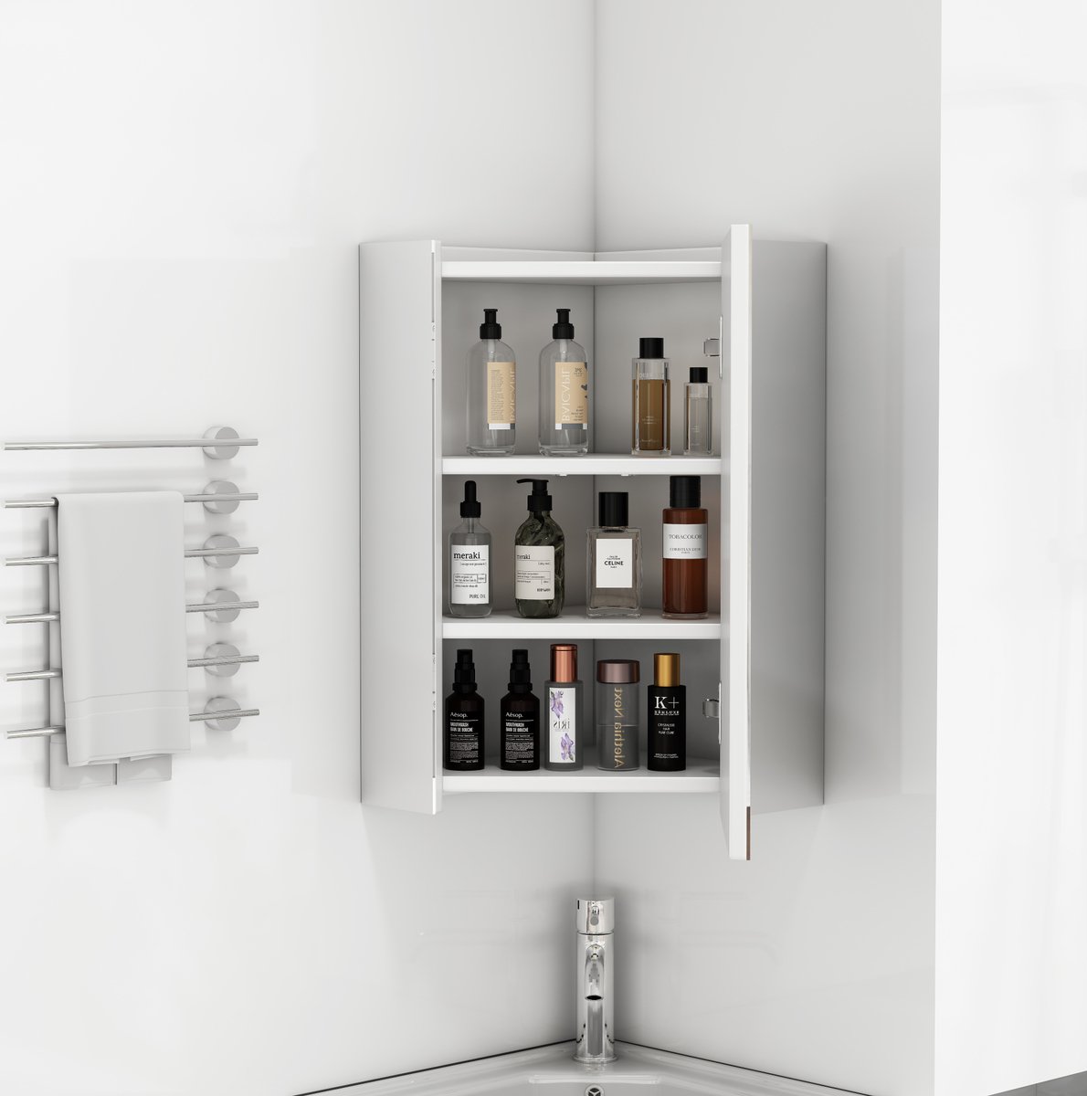 MIVRAY Badspiegelschrank - Hoekmodel Met Driezijdige Spiegels En Dempingsscharnieren - Wandgemonteerd - Wit MDF En Glas - 32,5 x 32,5 x 55,6 Cm