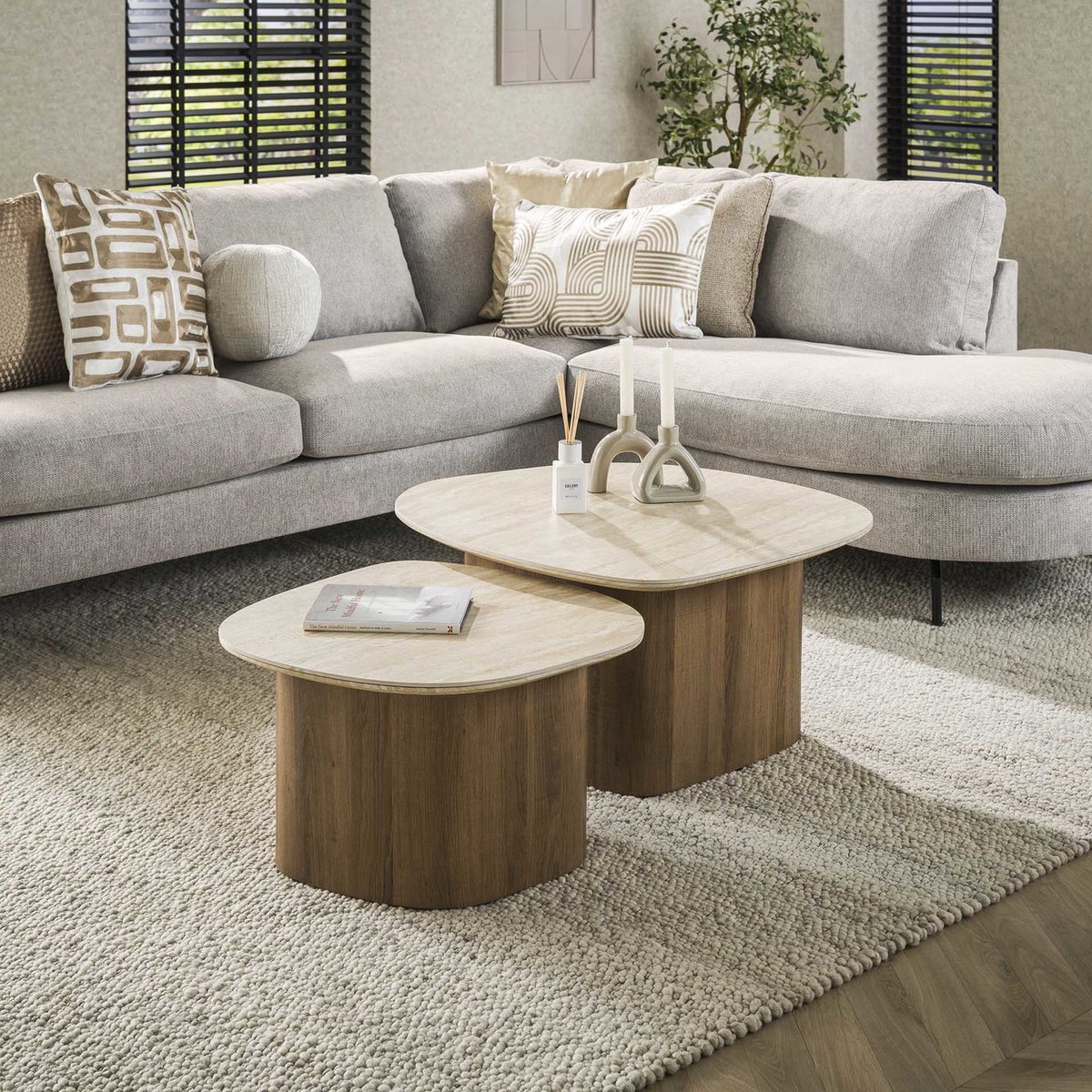 Giga Meubel Salontafel Romano - Kiezelvormig - Travertinlook - Set Van 2