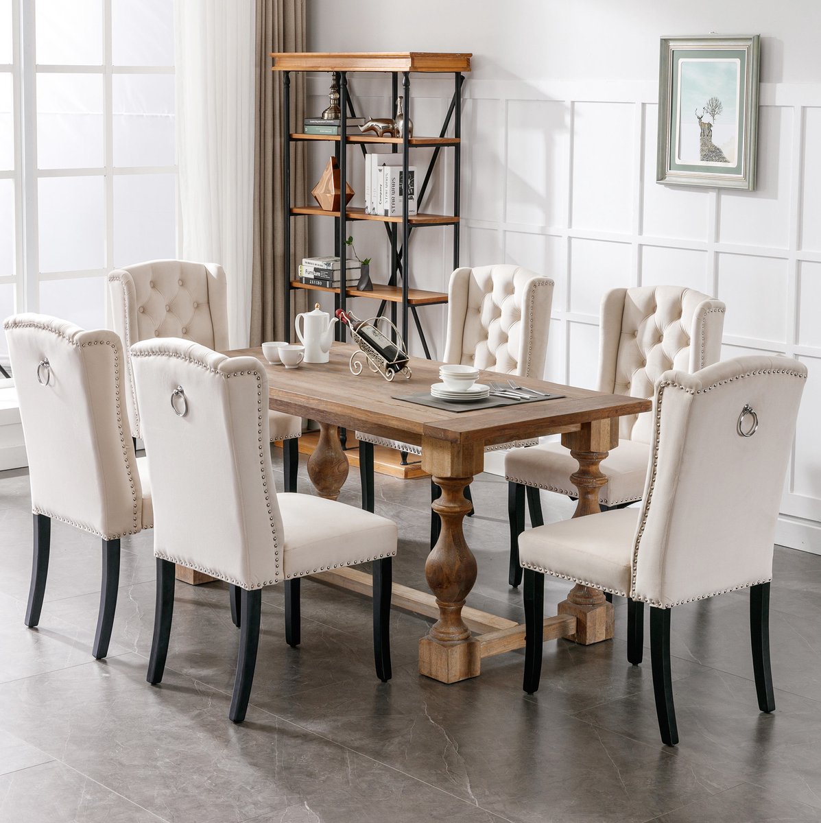 OKWISH Eetkamerstoel Set Van 6 – Velours Met Gecapitonneerde Rugleuning En Knopen – Voor Eetkamer En Woonkamer – Houten Poten – Beige