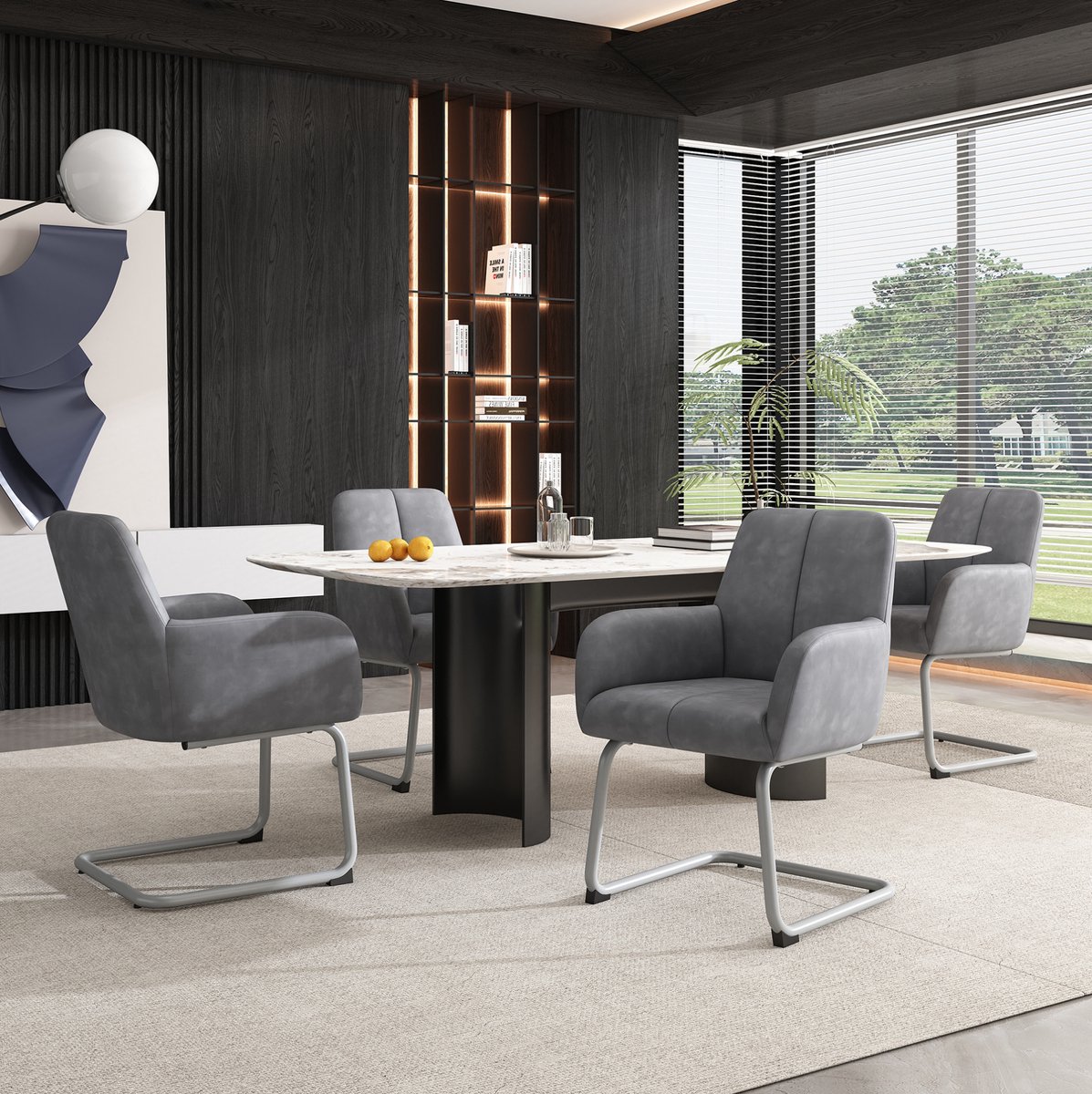 OKWISH Eetkamerstoel Set van 4 met Armleuningen en Gewelfde Metalen Poten, Gestoffeerd Comfort voor Eetkamer en Woonkamer, Grijs