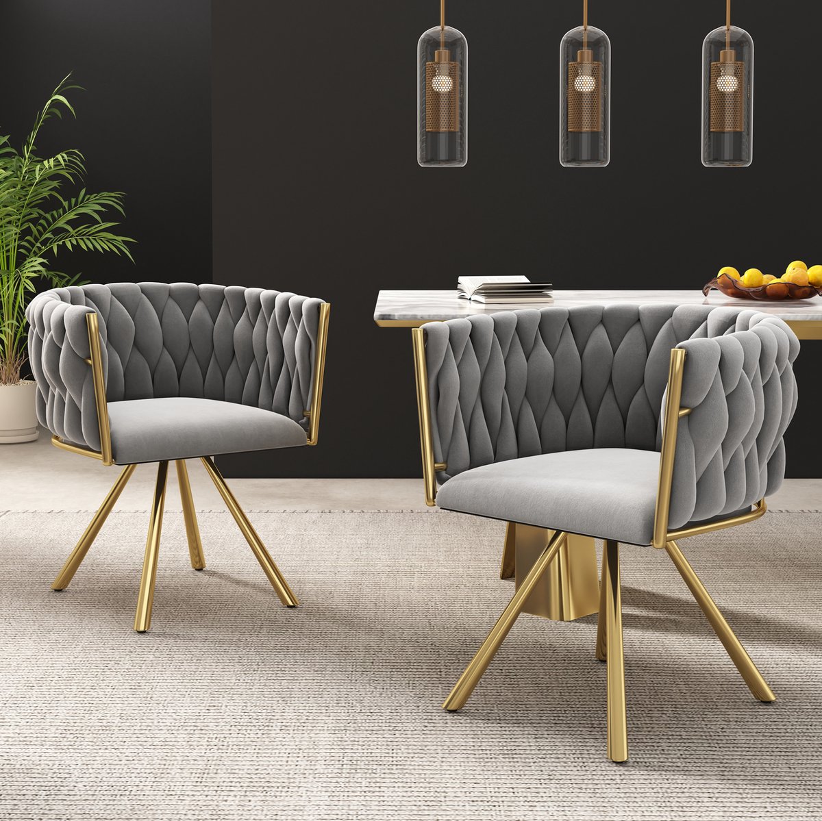 OKWISH Eetkamerstoel Set Van 4 – 360° Draaibaar Kuipmodel Met Armleuningen – Velvet Gestoffeerd – Voor Eetkamer En Woonkamer – Grijs Goud