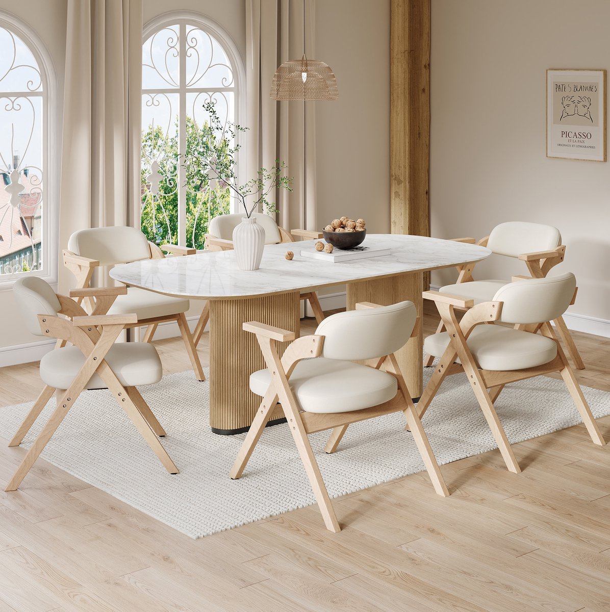 OKWISH Eetkamerstoel Set Van 6 - Klapbaar Met Armleuningen - Comfortabele Gestoffeerde Zit - Voor Eetkamer Woonkamer En Café - Hout - Beige