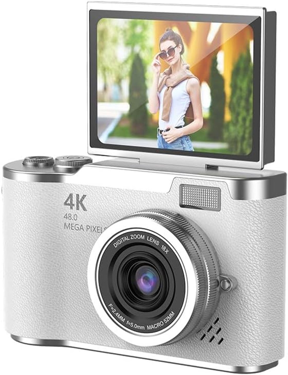 Digitale camera, 1080p HD 48MP compactcamera met een uitklapbaar 2,4-inch HD-scherm, ingebouwde LED-flitser, 8x digitale zoom, geschikt voor camera's (wit).