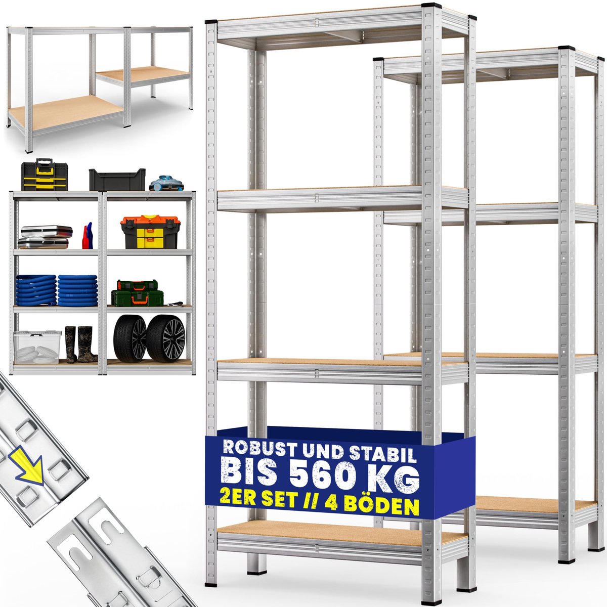 Famanu – Opbergrek set van 2 stuks, 170x75x30 cm, 280 kg draagvermogen, met 4 MDF planken, ideaal voor kelder of werkplaats