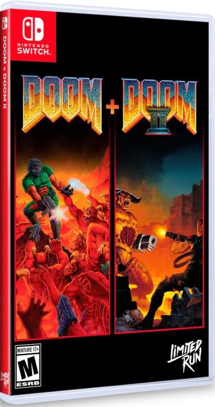 DOOM + DOOM II Nintendo Switch gamehoes met twee demonische strijdscènes. Mature 17+ ESRB rating.