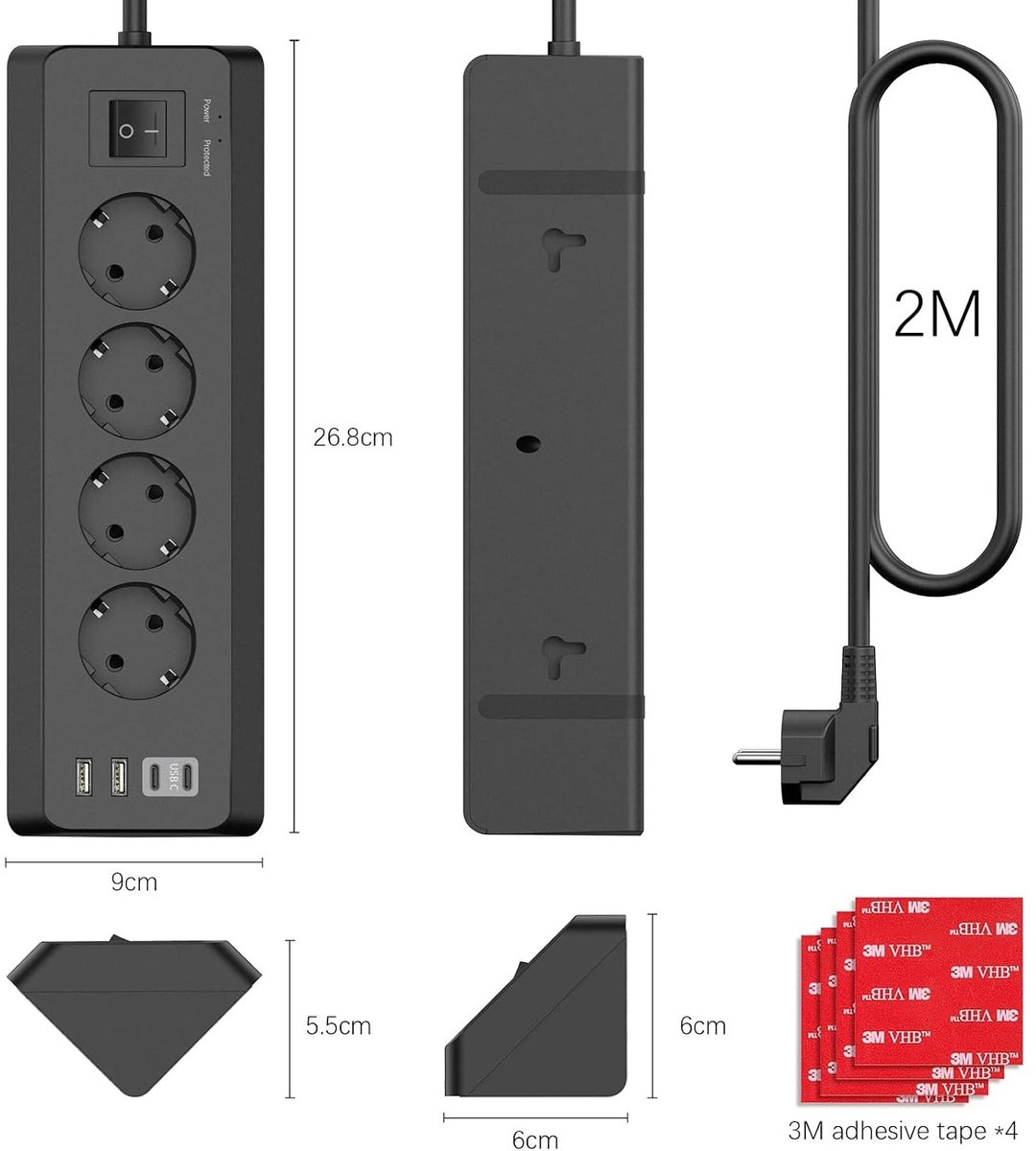 Hoekstopcontact met 2 USB en 2 Type-C - Zwart - 4-voudig met Schakelaar - Met 2 m Kabel voor Thuisgebruik