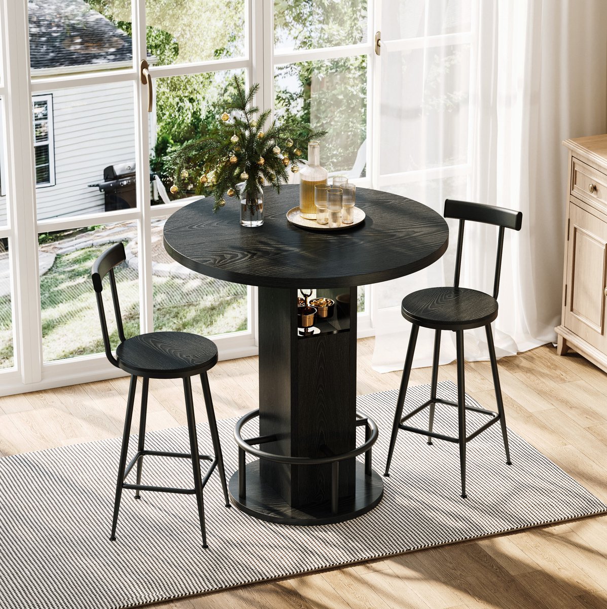 Wishdor Bar tafel en stoelen set - 80 cm ronde bartafel met 2 barkrukken - Met metalen voetsteun en opbergvak - Modern - Keuken eetkamer woonkamer - Houtlook zwart