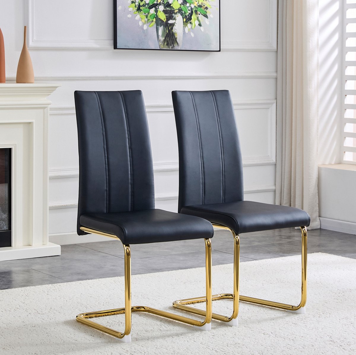 OKWISH Eetkamerstoel Set van 2 – Modern Ontwerp Met Hoge Rugleuning En Ergonomische Zit – Voor Eetkamer, Keuken En Werkplek – Kunstleer – Zwart Goud