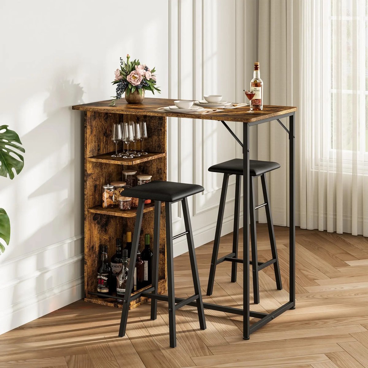 VIVERO - Bartafel - Bartafel met barstoelen - Bartafel keuken - Prachtig design - Multifunctioneel met opbergplanken - Kleur bruin