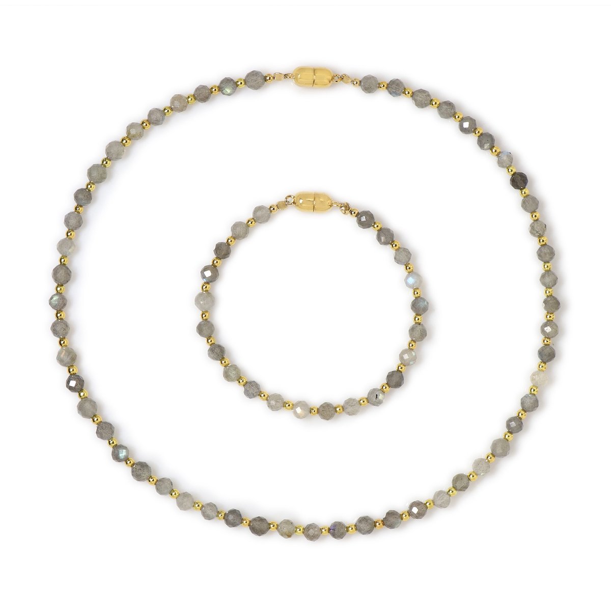 Cavill - Sieradenset 925 Sterling Zilver - Labradoriet 71,4 ct & Gouden Hematiet 22,2 ct - Elegante Edelsteen Ketting 43 cm & Armband 17 cm