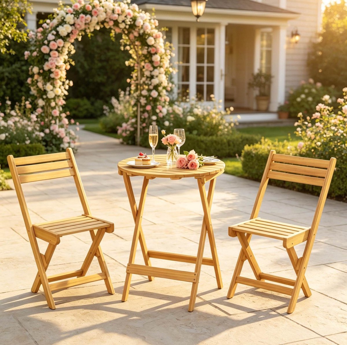 OKWISH Bistroset 2-Zits – Opvouwbare Ronde Tafel en Klapstoelen – Compacte Tuinset voor Balkon, Terras en Tuin – Acaciahout – Natuurhout