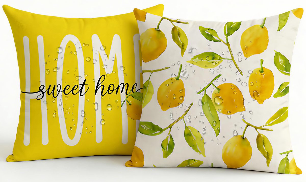 Famanu Set van 2 waterdichte kussenhoezen voor buiten, 50 x 50 cm, geel met design, dubbelzijdig en modern, linnen-polyester, voor balkon en tuin