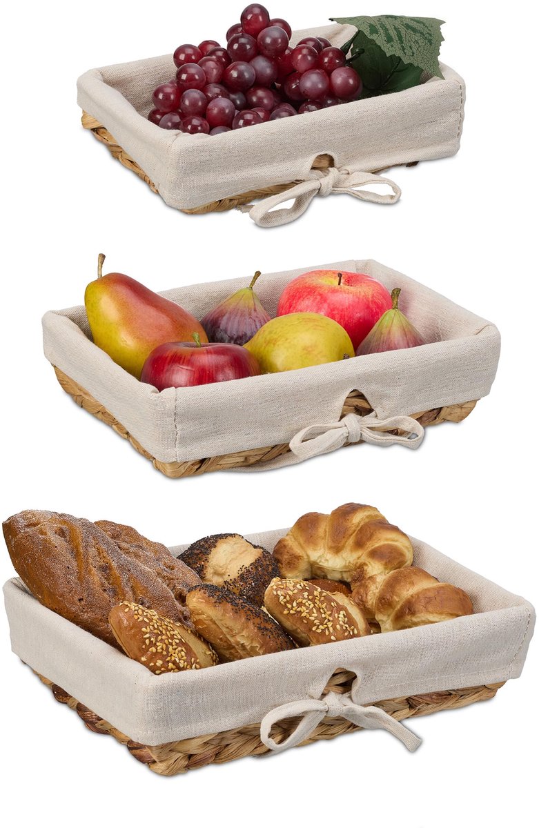 Famanu – Broodmand set van 3, verschillende groottes, gevlochten met voering, Scandinavisch ontbijtmandje, natuur/crème