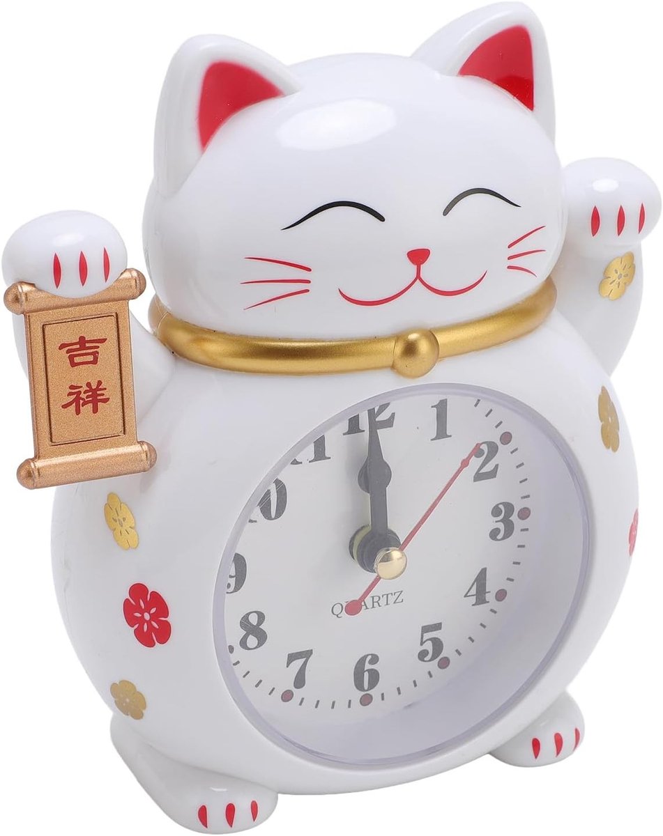 Lucky Cat Klok - Wit - 125 x 115 x 45 mm - Schattig Cartoon Design - Voor Thuis en Kantoor