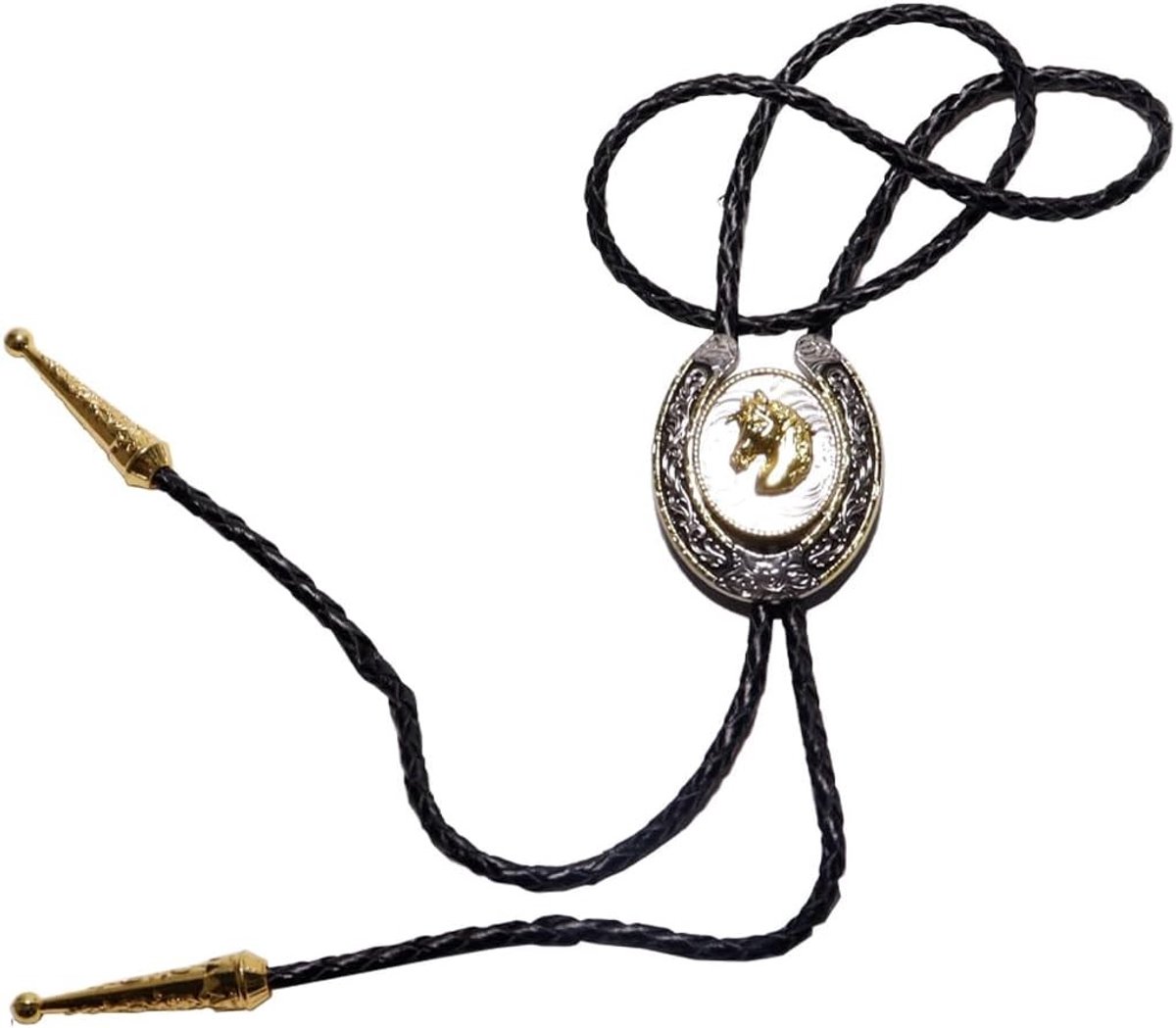 Western geïnspireerde U-vormige cowboy strik met ketting en hoefijzer, verstelbaar in vintage metaal voor heren en dames, perfect voor feesten en casual outfits.
