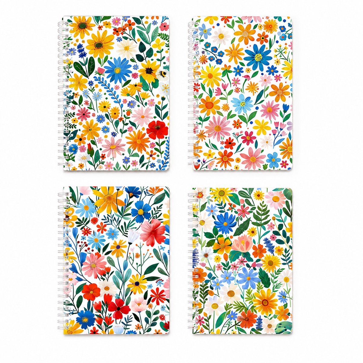 VHV - Notitieboek Set -4 Stuks- A5 Formaat 14x20 cm - Bloemenmotief Notebook - Dagboek- voor Kantoor School en Studie - Vrouwen Cadeau