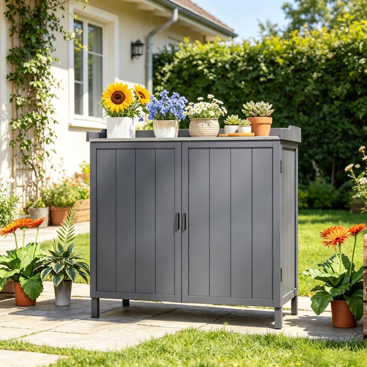 FloraGrace Opbergkast - 2-in-1 Tuinkast Met Werkblad En Binnenplank - Voor Balkon, Terras En Tuin - Hout En Metaal - 98x48x95,5 Cm - Grijs