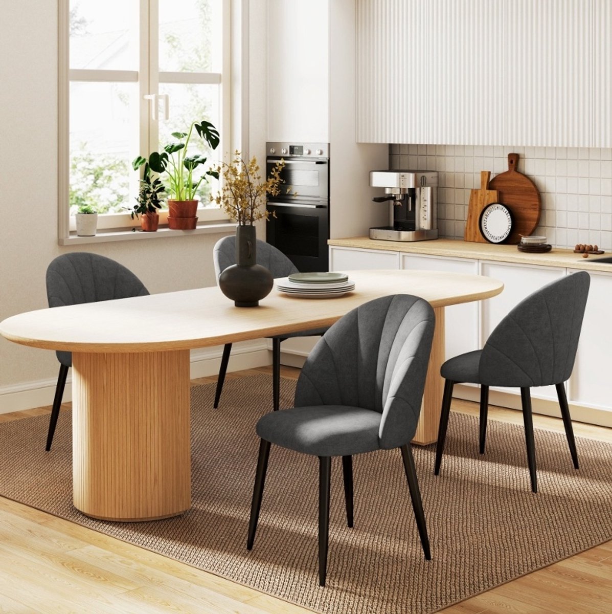 Eetkamerstoel Set Van 4 - Samtoptiek Met Stalen Poten - Armlos En Comfortabel - Voor Eetkamer Woonkamer En Slaapkamer - Stof Donkergrijs