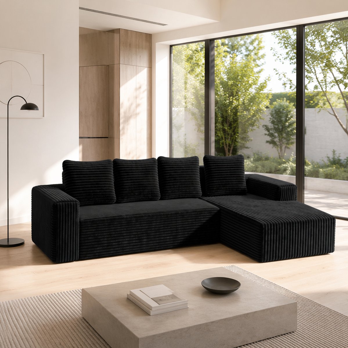 STILVORA Hoekbank 261 x 168 cm - Modulaire L-Vorm Met Chaise Longue Links En Diepe Zitting - Voor Woonkamer En Slaapkamer - Corduroy Zwart
