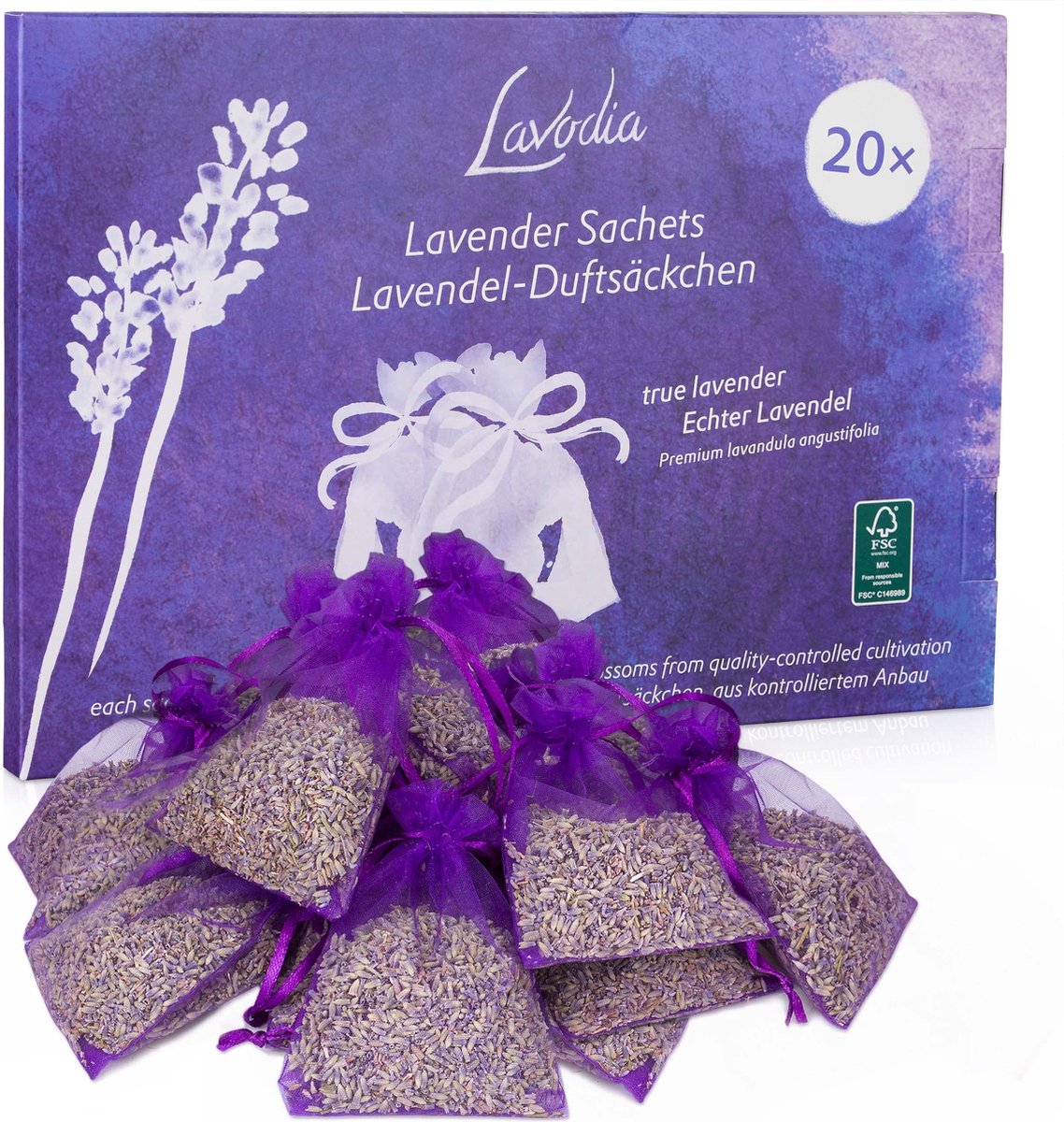 LAVODIA® Mottenballen / Geurzakjes voor kledingkast / Lavendelzakjes - 20x6g