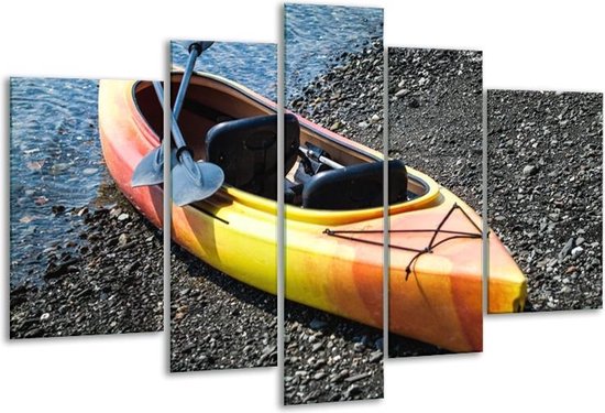 Glasschilderij Kayak, Sport - Geel, Oranje, Grijs - 170x100cm 5Luik - Foto Op Glas - Geen Acrylglas Schilderij - 6000+ Glasschilderijen Collectie - Wanddecoratie