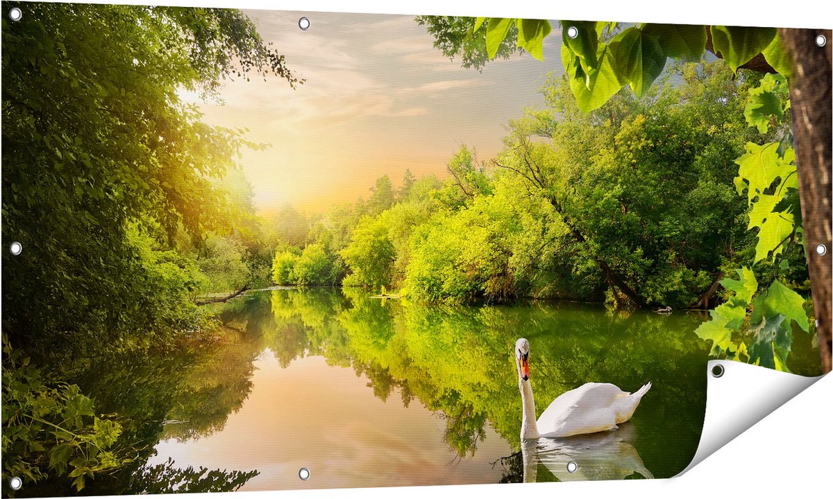 Gards Tuinposter Zwaan op het Water in het Bos - 140x70 cm - Tuindoek - Tuindecoratie - Wanddecoratie buiten - Tuinschilderij Multikleur
