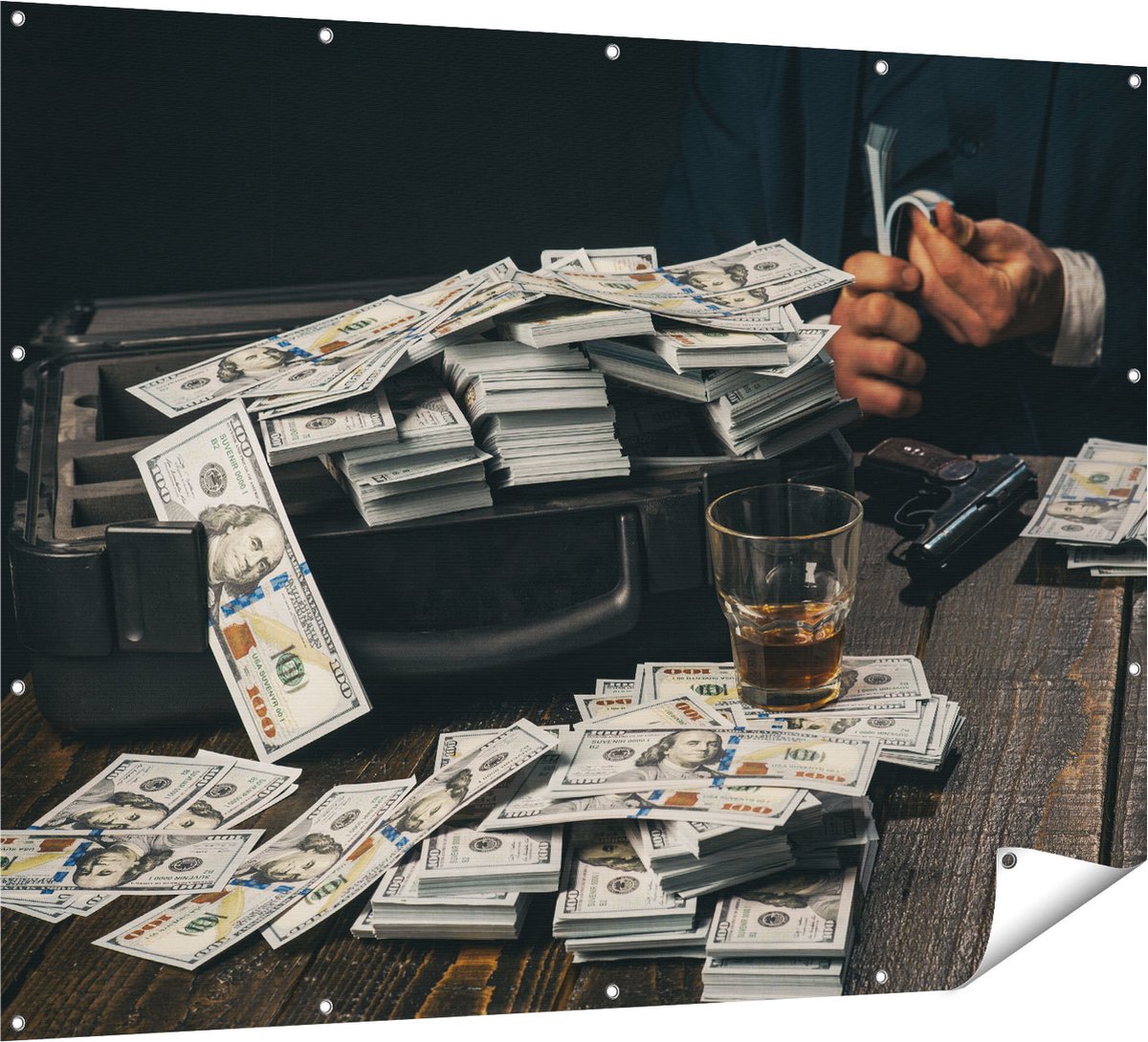 Gards Tuinposter Dollar Geld Briefjes op Tafel van de Maffia - 160x120 cm - Tuindoek - Tuindecoratie - Wanddecoratie buiten - Tuinschilderij Multikleur