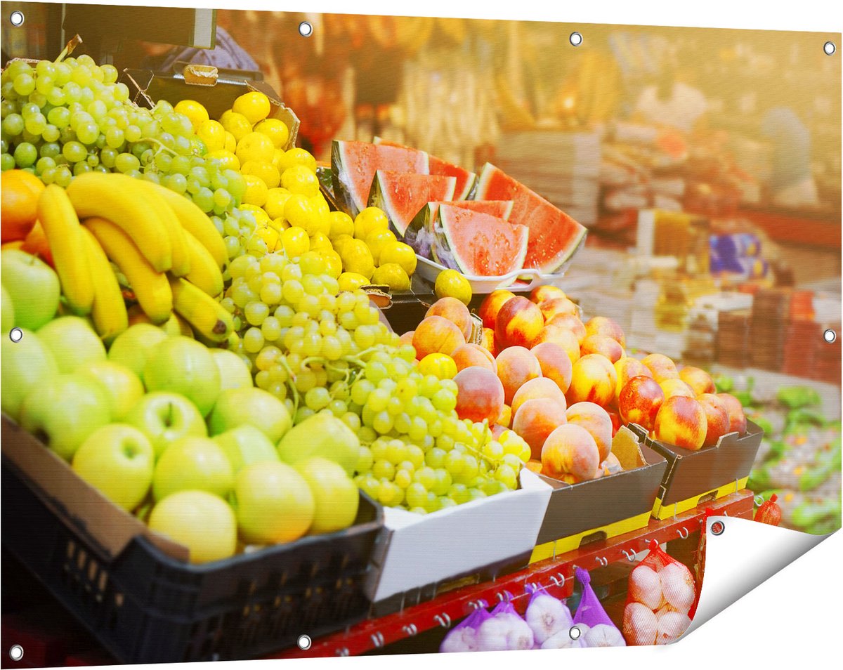 Gards Tuinposter Vers Fruit op de Markt - 120x80 cm - Tuindoek - Tuindecoratie - Wanddecoratie buiten - Tuinschilderij Multikleur