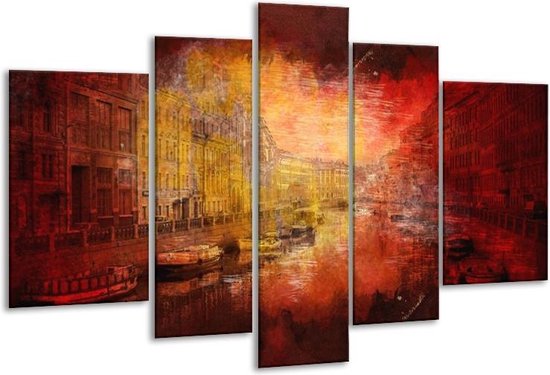 Glasschilderij Steden - Rood, Geel, Zwart - 170x100cm 5Luik - Foto Op Glas - Geen Acrylglas Schilderij - 6000+ Glasschilderijen Collectie - Wanddecoratie