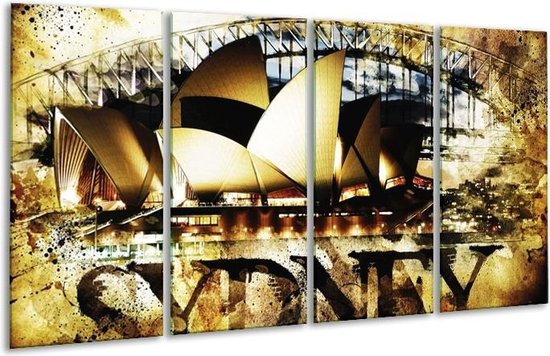 GroepArt - Glasschilderij - Sydney - Geel, Bruin, Zwart - 160x80cm 4Luik - Foto Op Glas - Geen Acrylglas Schilderij - 6000+ Glasschilderijen Collectie - Wanddecoratie