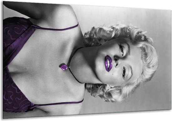 Glasschilderij Marilyn Monroe - Grijs, Zwart, Paars - 120x70cm 1Luik - Foto Op Glas - Geen Acrylglas Schilderij - GroepArt 6000+ Glasschilderijen Art Collectie - Wanddecoratie - Woonkamer - Slaapkamer