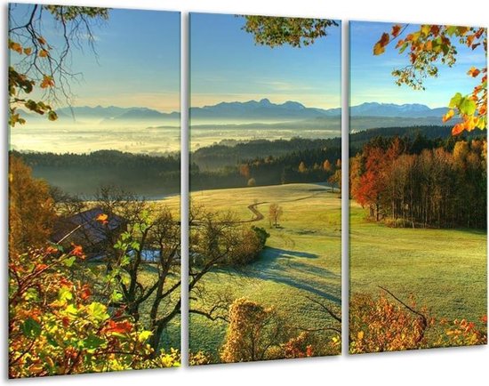GroepArt - Schilderij -  Landschap - Groen, Grijs, Blauw - 120x80cm 3Luik - 6000+ Schilderijen 0p Canvas Art Collectie