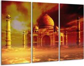 Glasschilderij Taj Mahal - Oranje, Bruin, Geel - 120x80cm 3Luik - Foto Op Glas - Geen Acrylglas Schilderij - GroepArt 6000+ Glas Art Collectie - Maatwerk Mogelijk