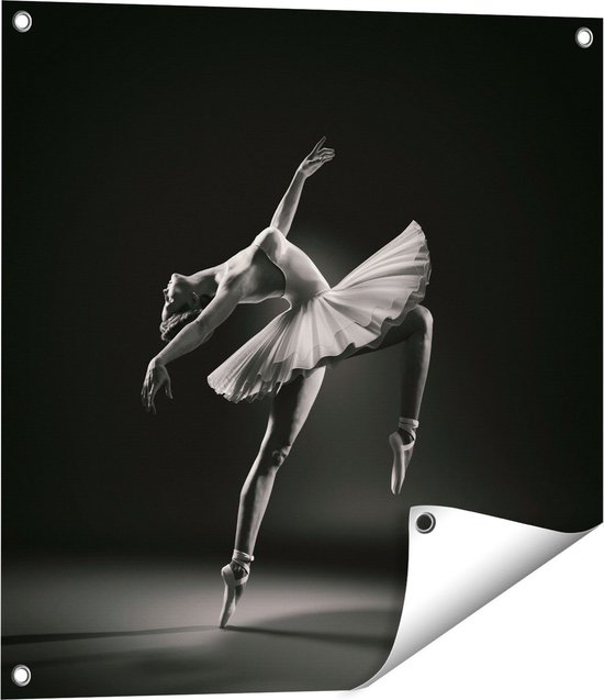 Gards Tuinposter Ballerina op Haar Tenen - Ballet - Zwart Wit - 60x60 cm - Tuindoek - Tuindecoratie - Wanddecoratie buiten - Tuinschilderij