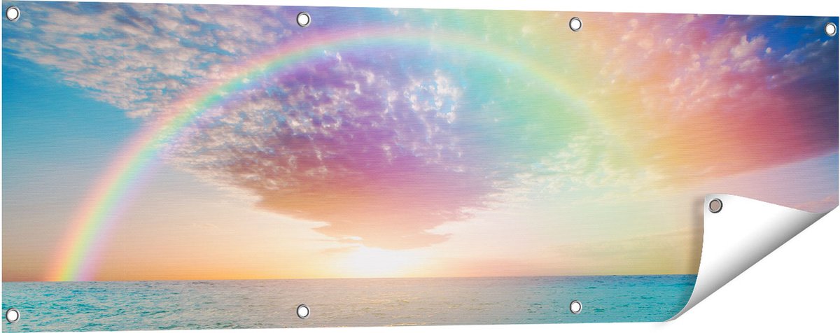 Gards Tuinposter Regenboog in het Water bij het Strand - 120x40 cm - Tuindoek - Tuindecoratie - Wanddecoratie buiten - Tuinschilderij Multikleur