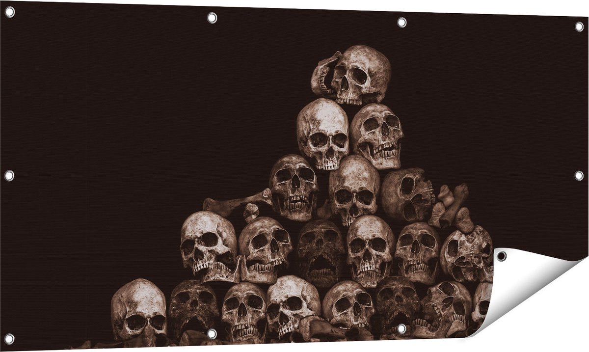 Gards Tuinposter Schedels - Doodshoofden - Doodskoppen - 120x60 cm - Tuindoek - Tuindecoratie - Wanddecoratie buiten - Tuinschilderij Multikleur